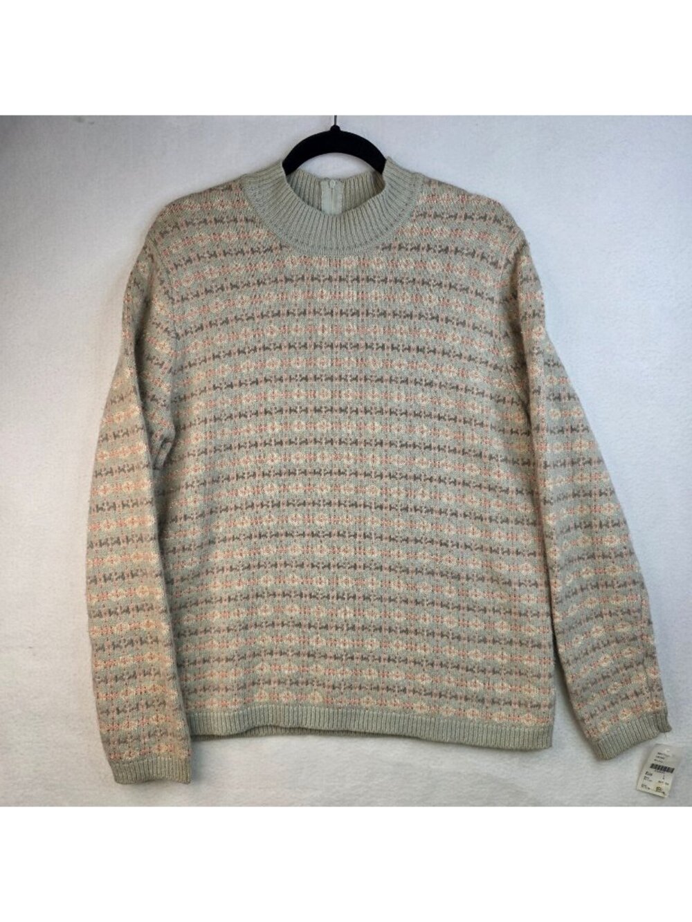 Vintage 90s L Angora Blend Sweater Green Pink Geometric Retro Deadstock Cottage
